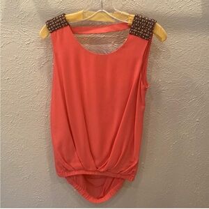 Coral Sleeveless Tank with Stitched Shoulder Panels and Open Back